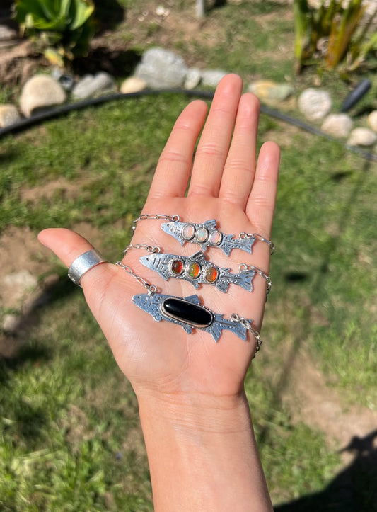 Ethiopian Opal Rainbow Trout Sterling Silver Necklace (Preorder)
