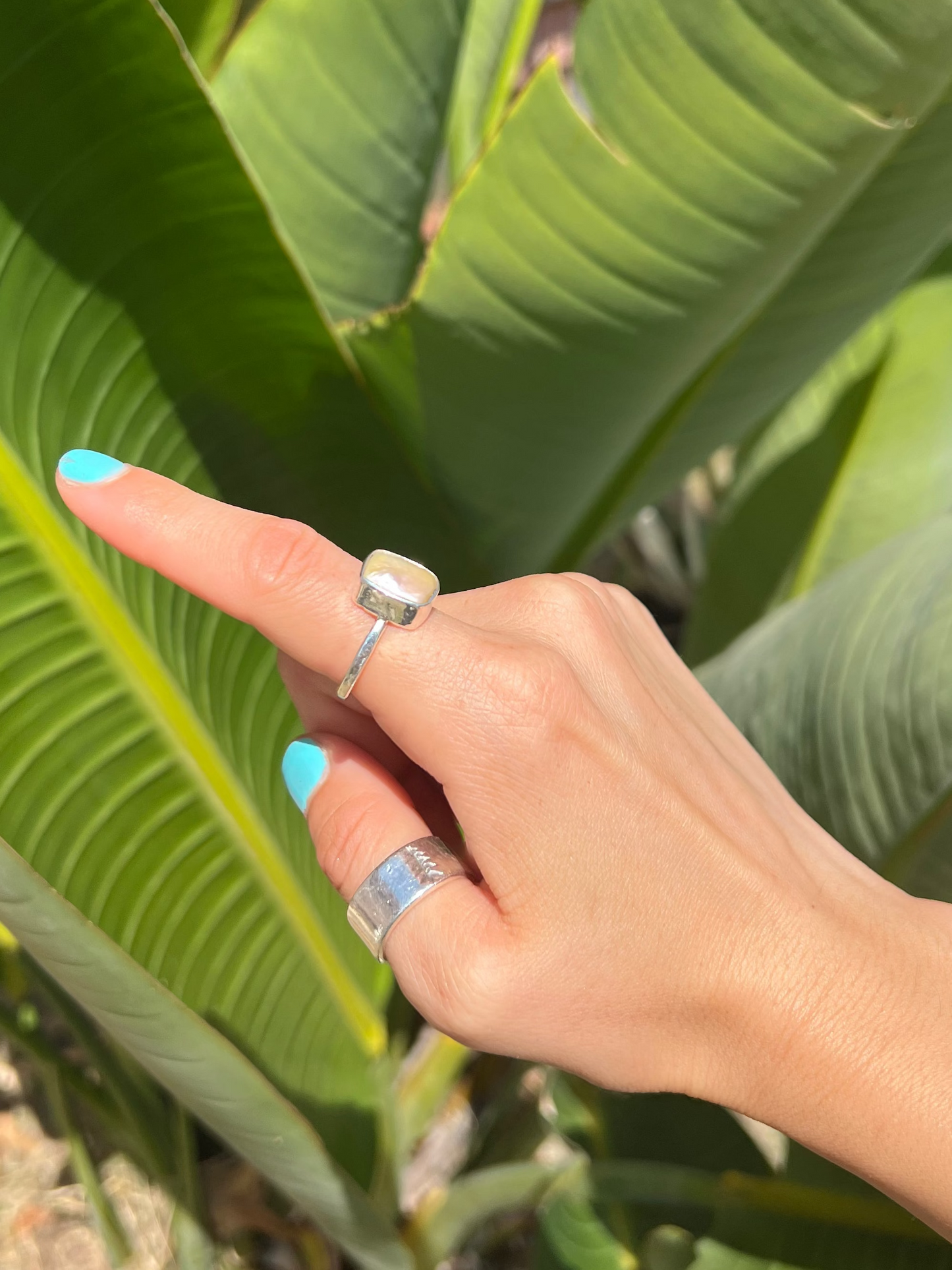 Hand with a ring pointing to a large green leaf
