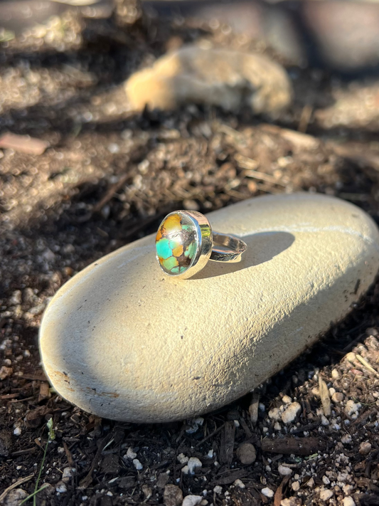 Turquoise Hand Engraved Sterling Silver Ring - Size 6