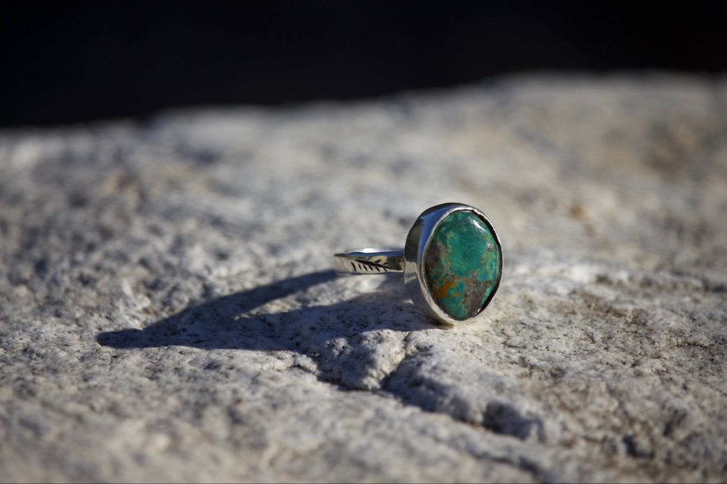 Turquoise Hand Engraved Sterling Silver Ring - Size 6.5