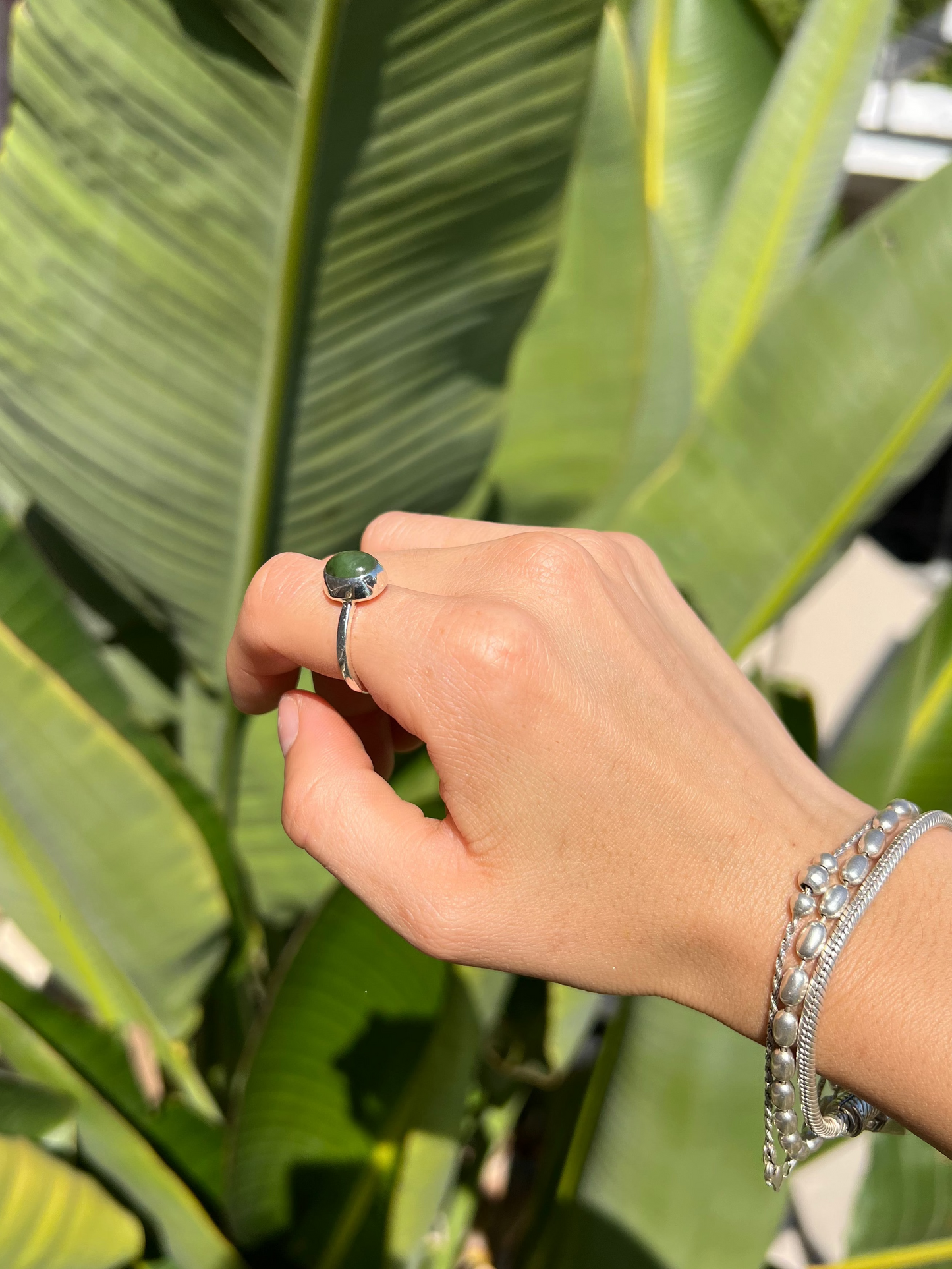 Hand with a ring and bracelet against a green leafy background