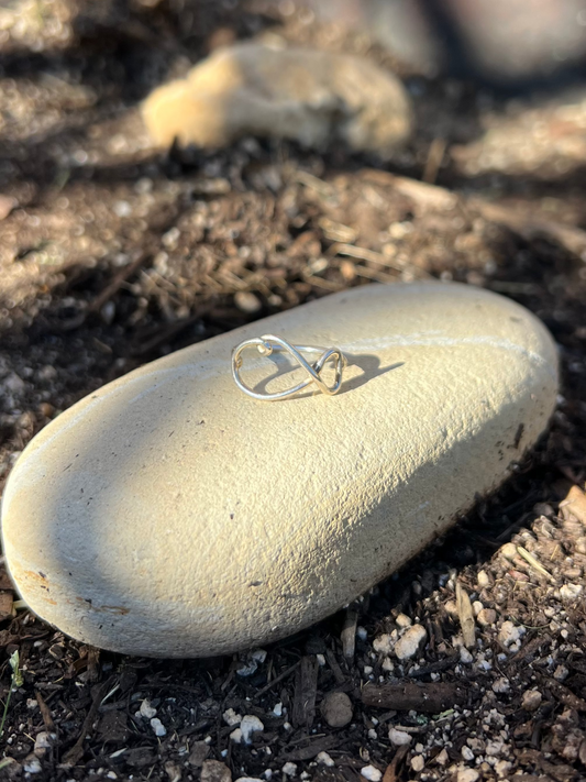 Silver ring on a stone in a garden setting