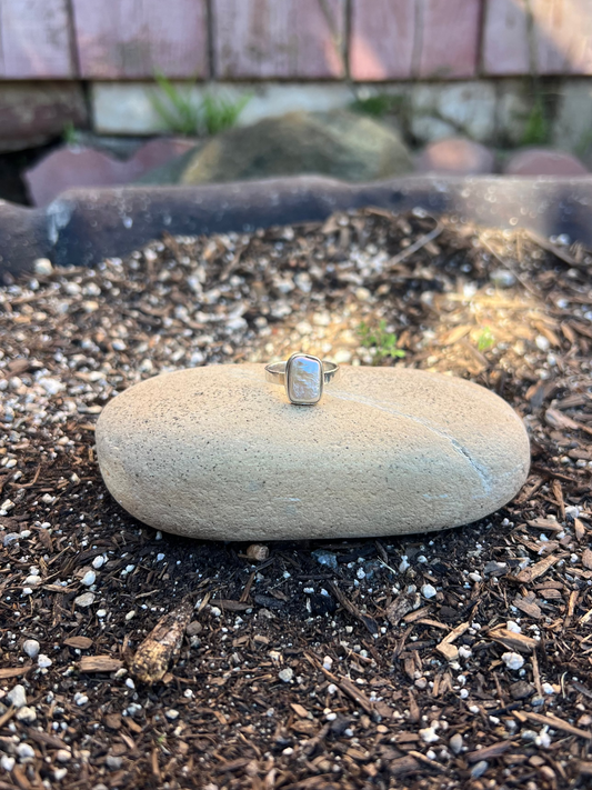 Dainty Square Pearl Ring on a rock