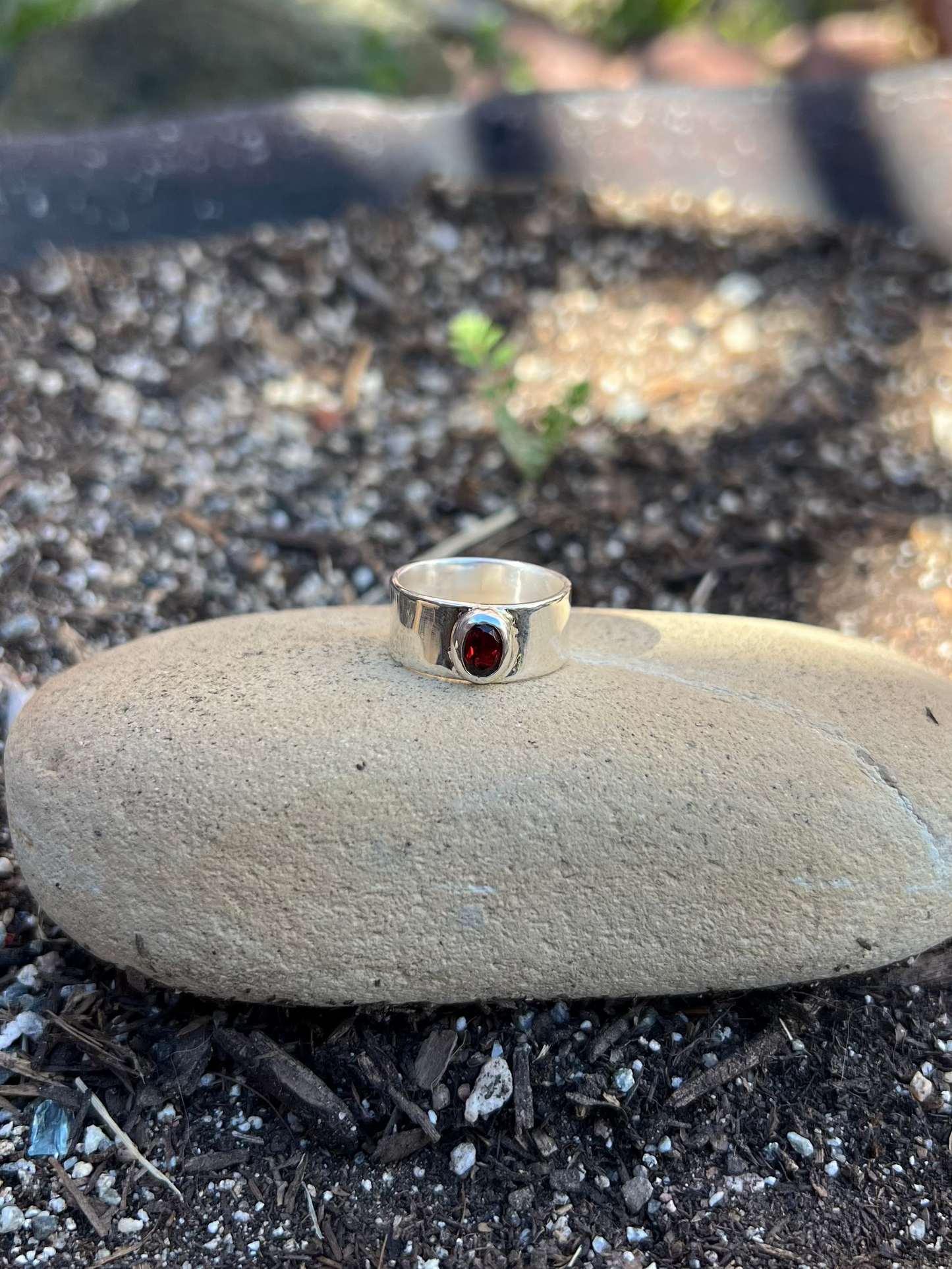 Garnet Sterling Silver Band - Size 7.5