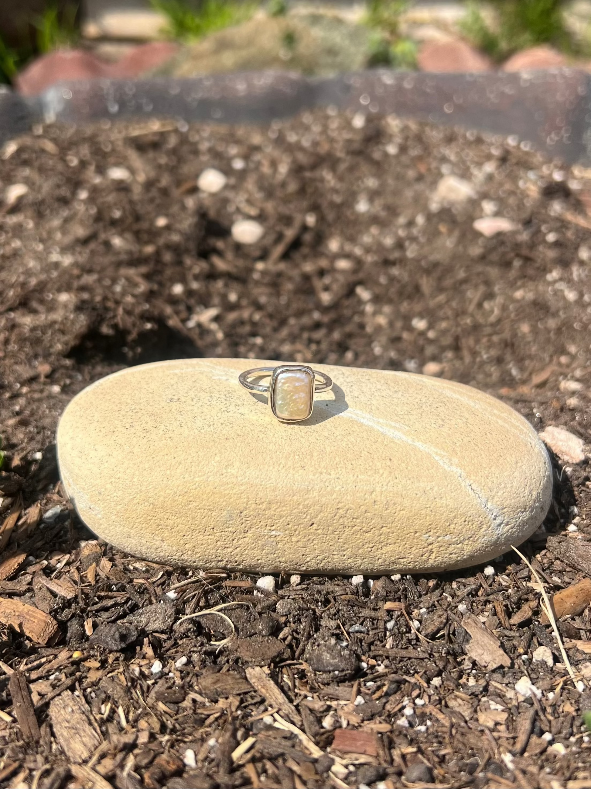round stone with a ring on top in a garden setting