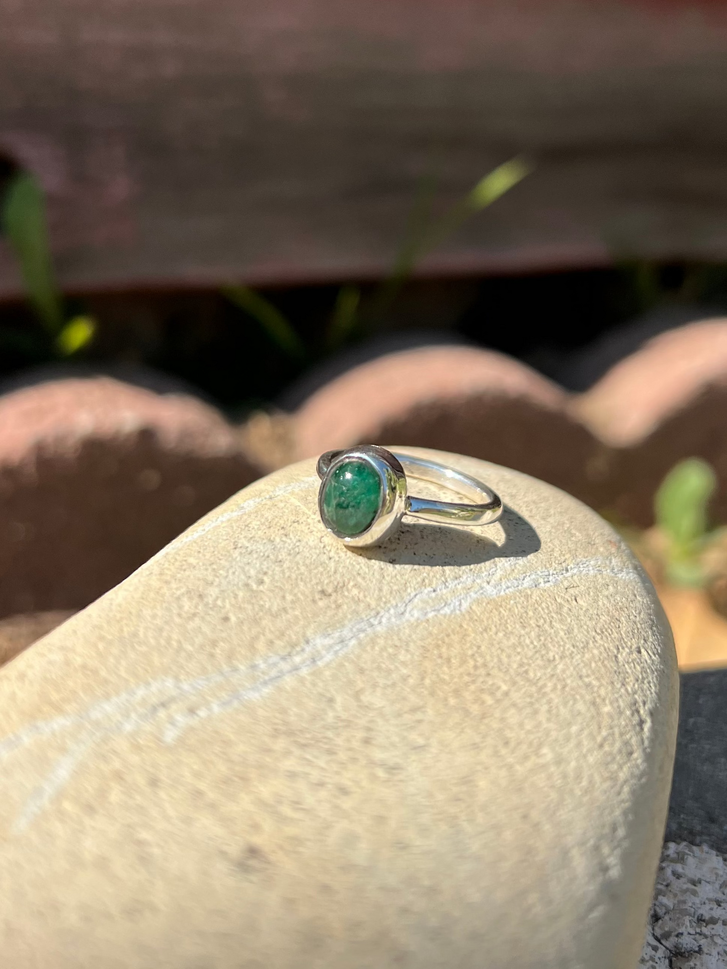 Round Emerald Sterling Silver Ring - Size 6.75
