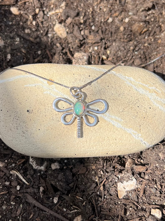 Sterling Silver Ethiopian Opal Dragonfly Necklace (One of a Kind)
