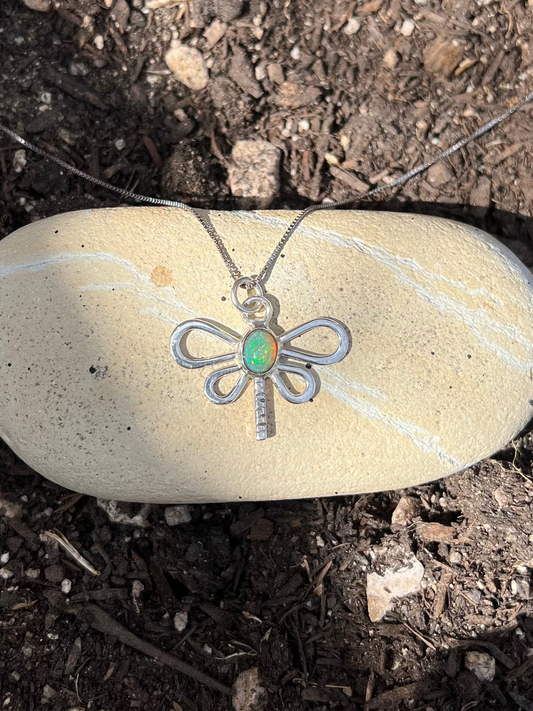 Sterling Silver Ethiopian Opal Dragonfly Necklace (One of a Kind)