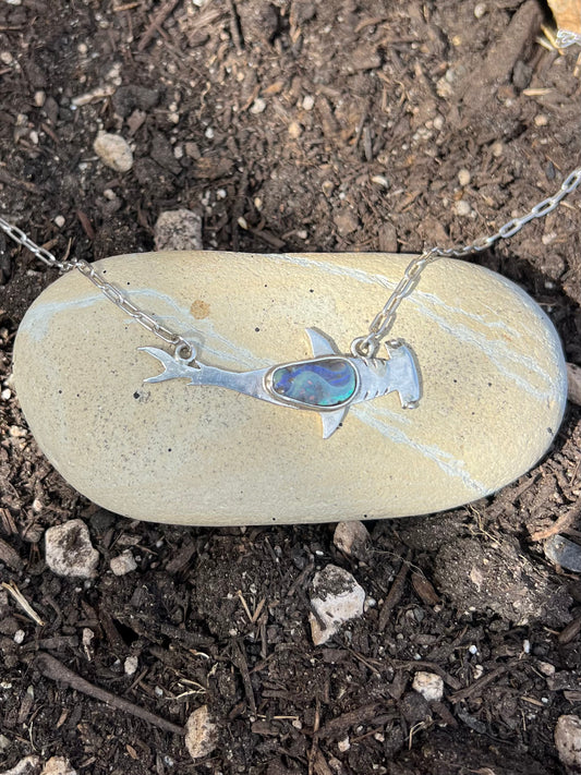 Australian Boulder Opal Hammerhead Shark Sterling Silver Necklace (One-of-a-Kind)