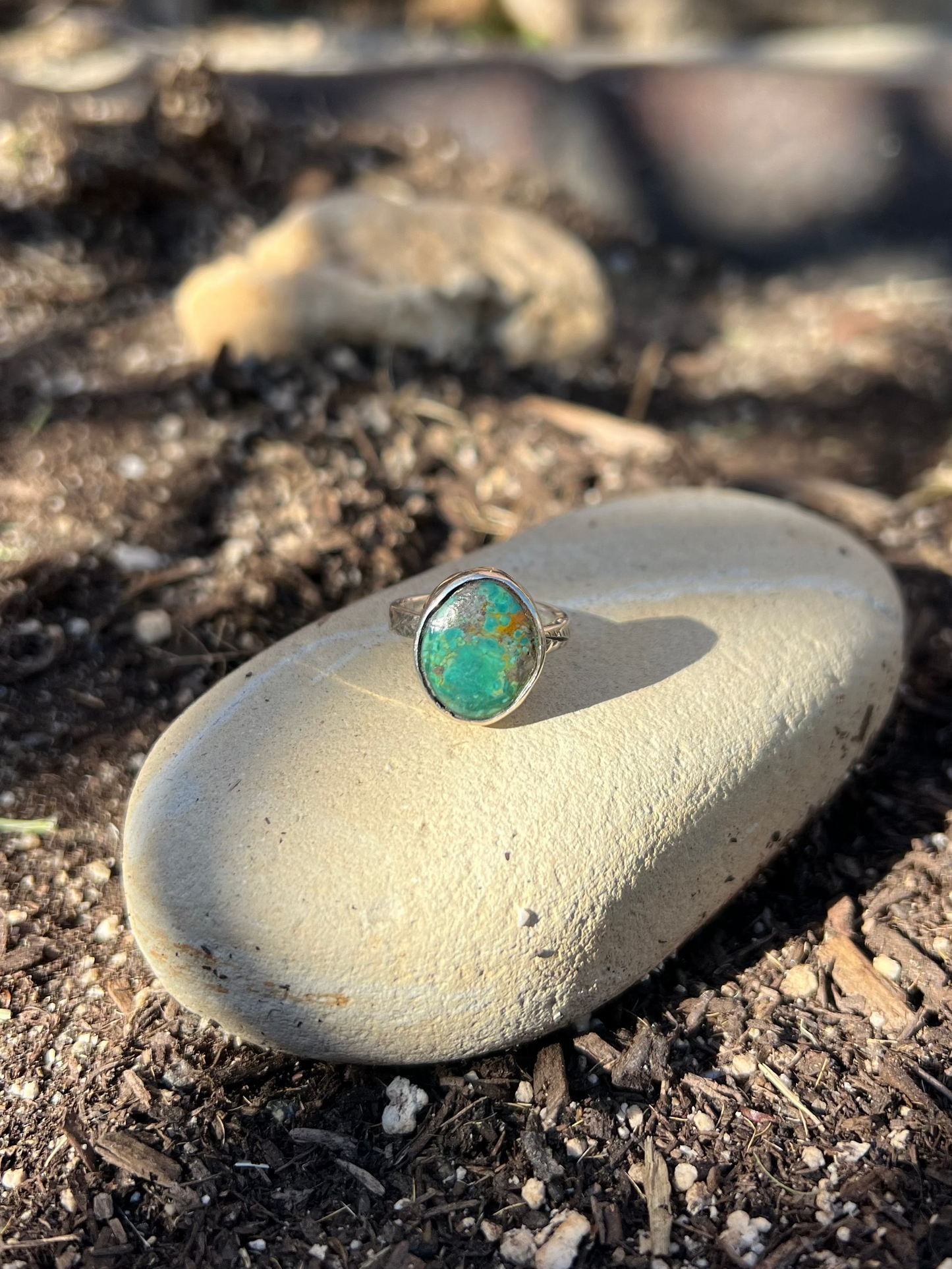 Turquoise Hand Engraved Sterling Silver Ring - Size 6.5