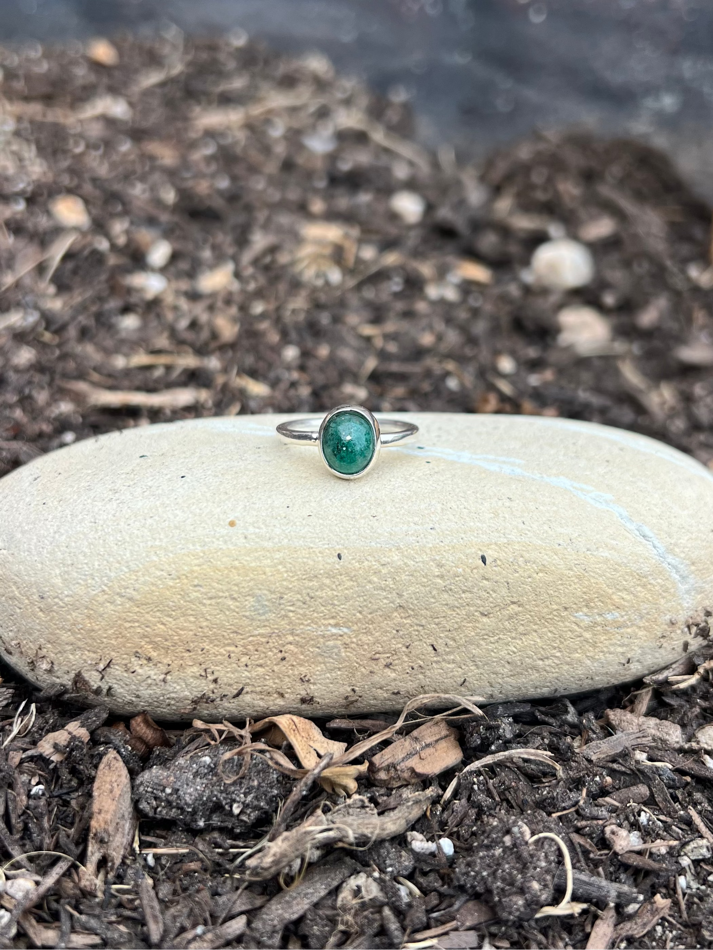 Round Emerald Sterling Silver Ring - Size 7