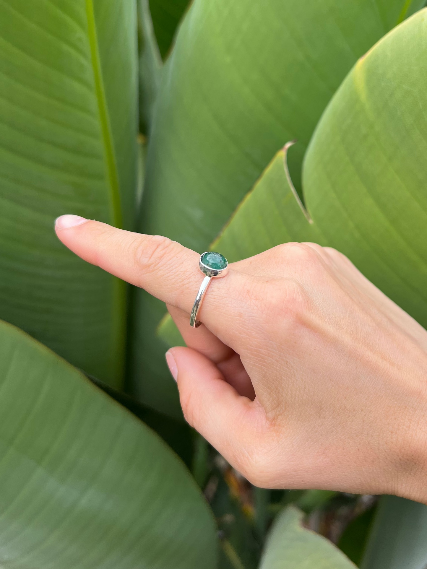 Round Emerald Sterling Silver Ring - Size 8.75
