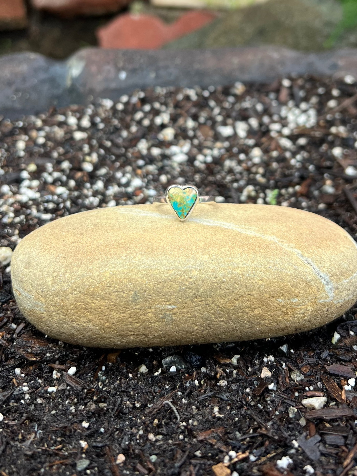 Tiny Turquoise Silver Heart Ring - Size 7.5