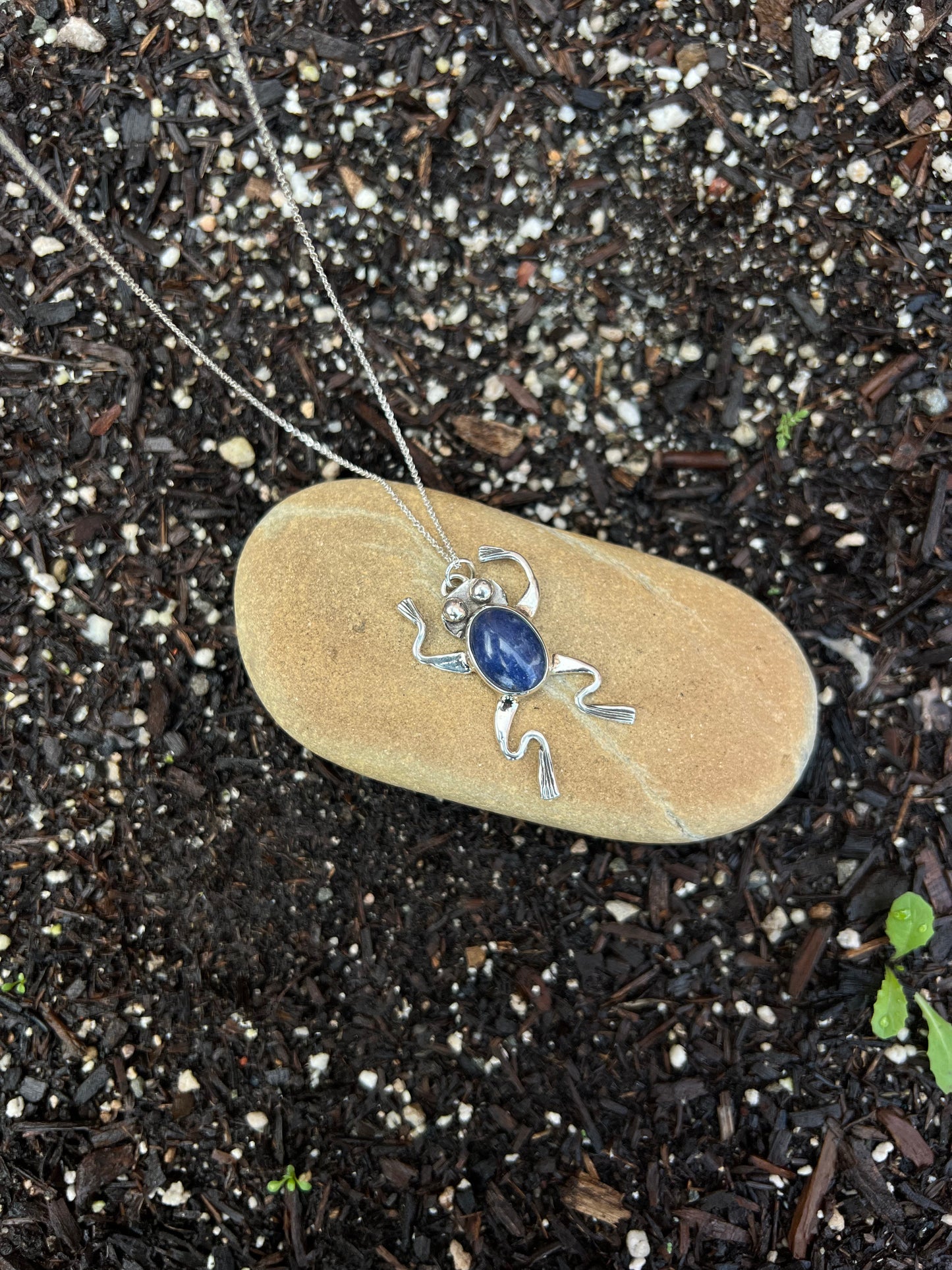Sterling Silver Sodalite River Frog Necklace