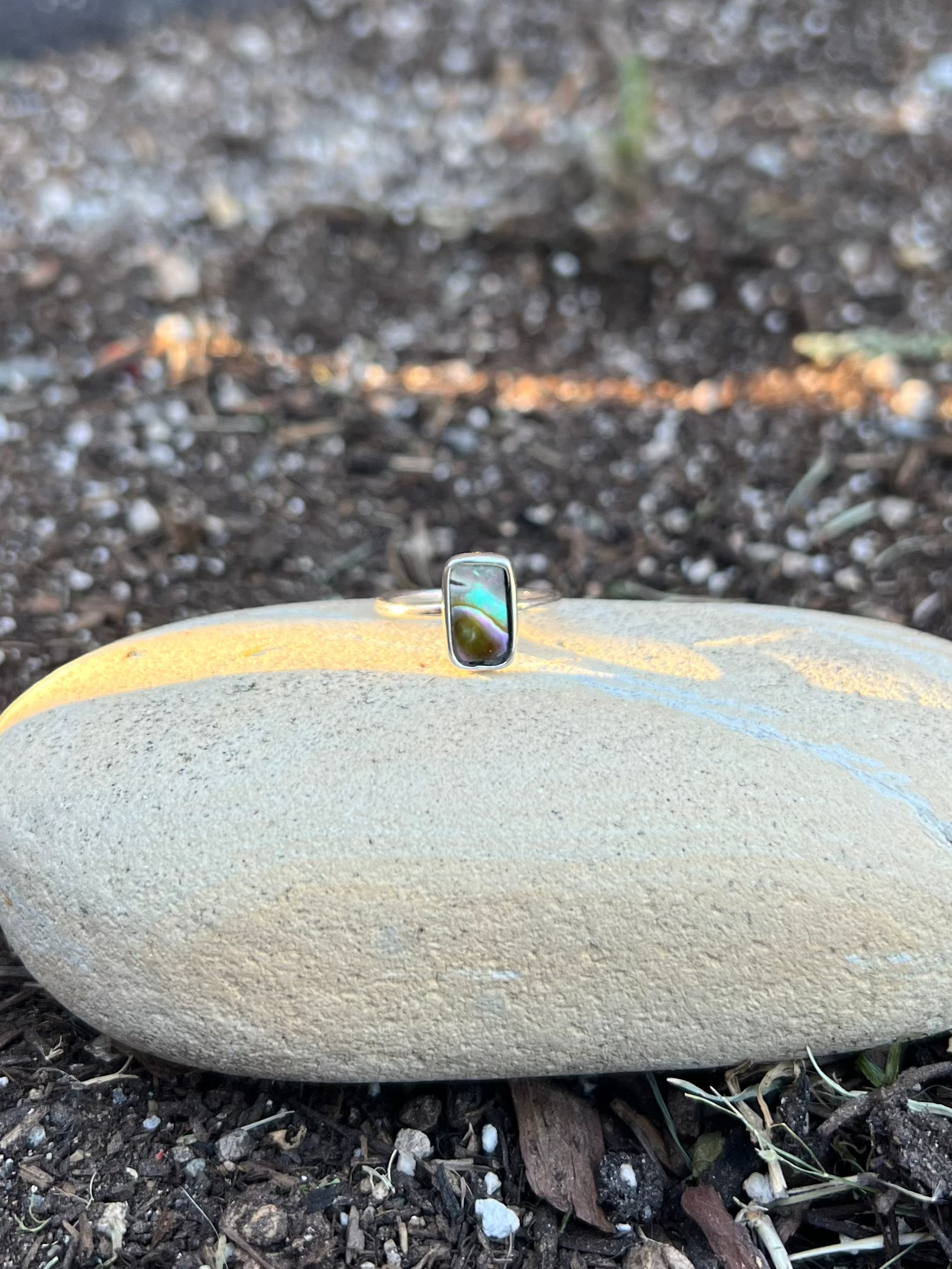 rectangle with a small green gemstone in the center on a bed of soil.