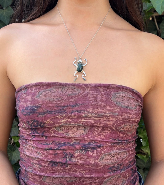 green jasper river frog sterling necklace modeled