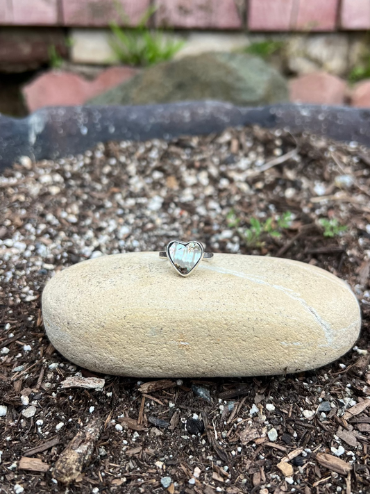 Heart-shaped ring on a rock with a garden background