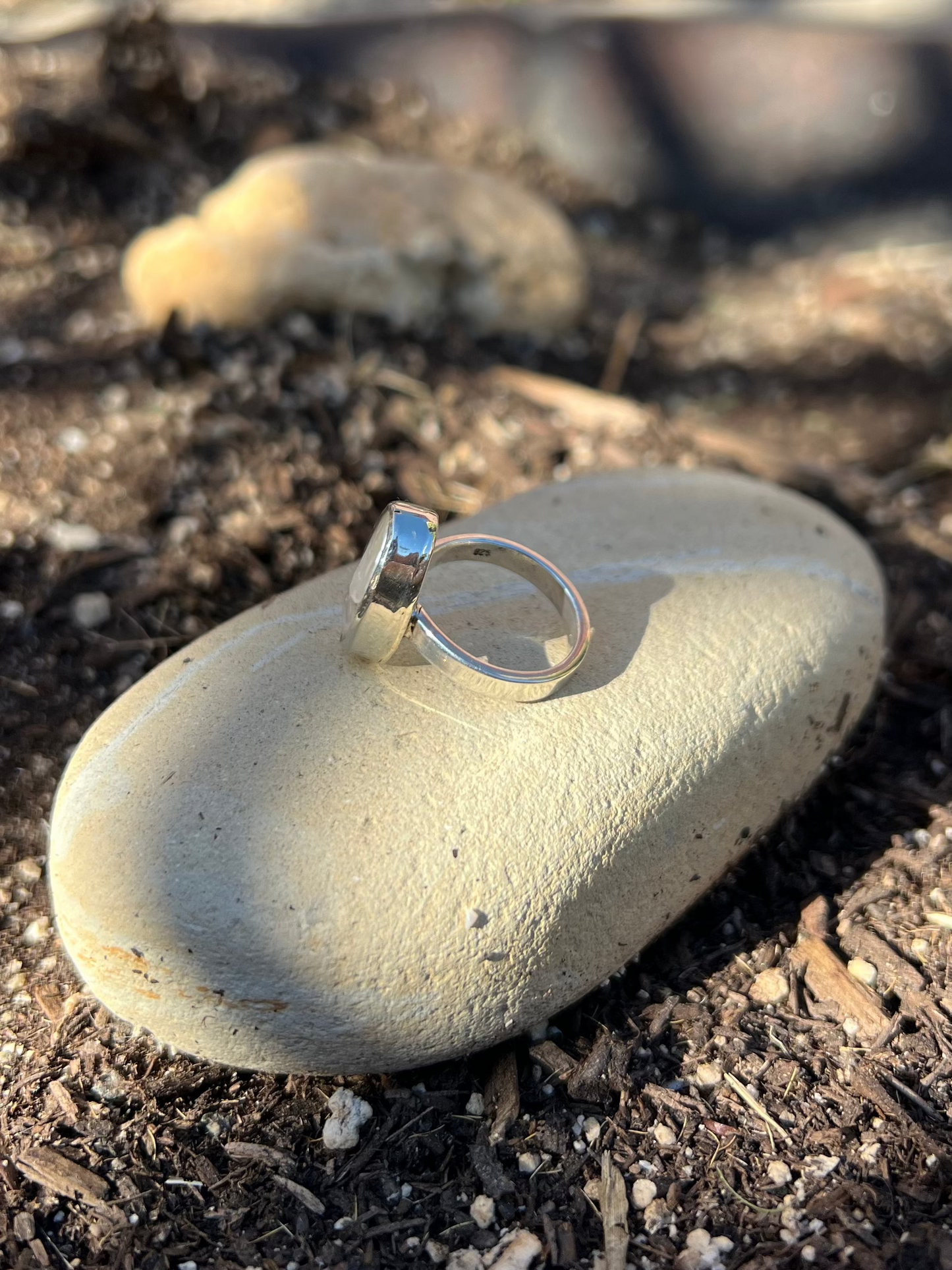 Silver ring on a rock in a natural setting with blurred background