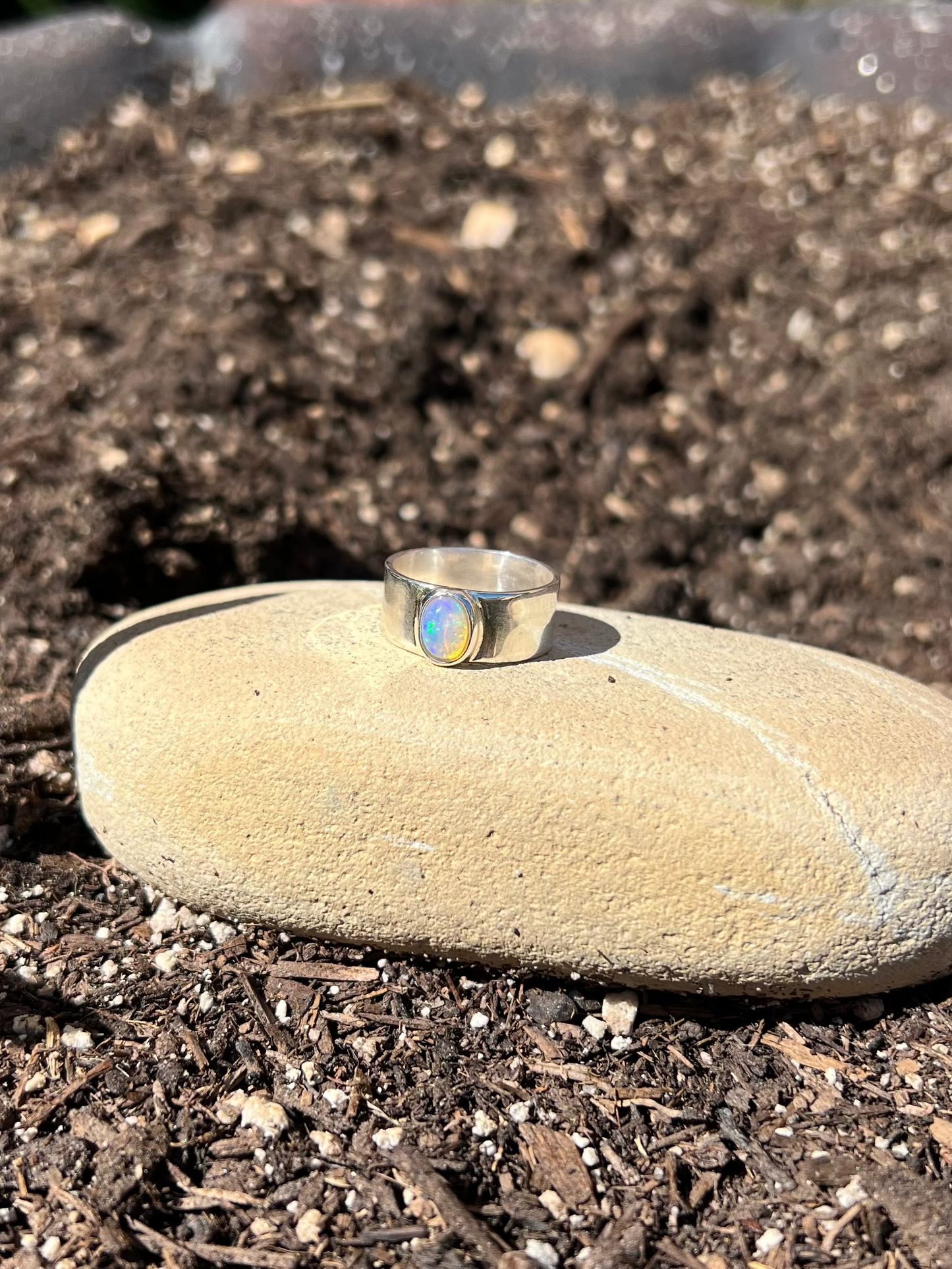 Silver ring on a stone in a garden bed