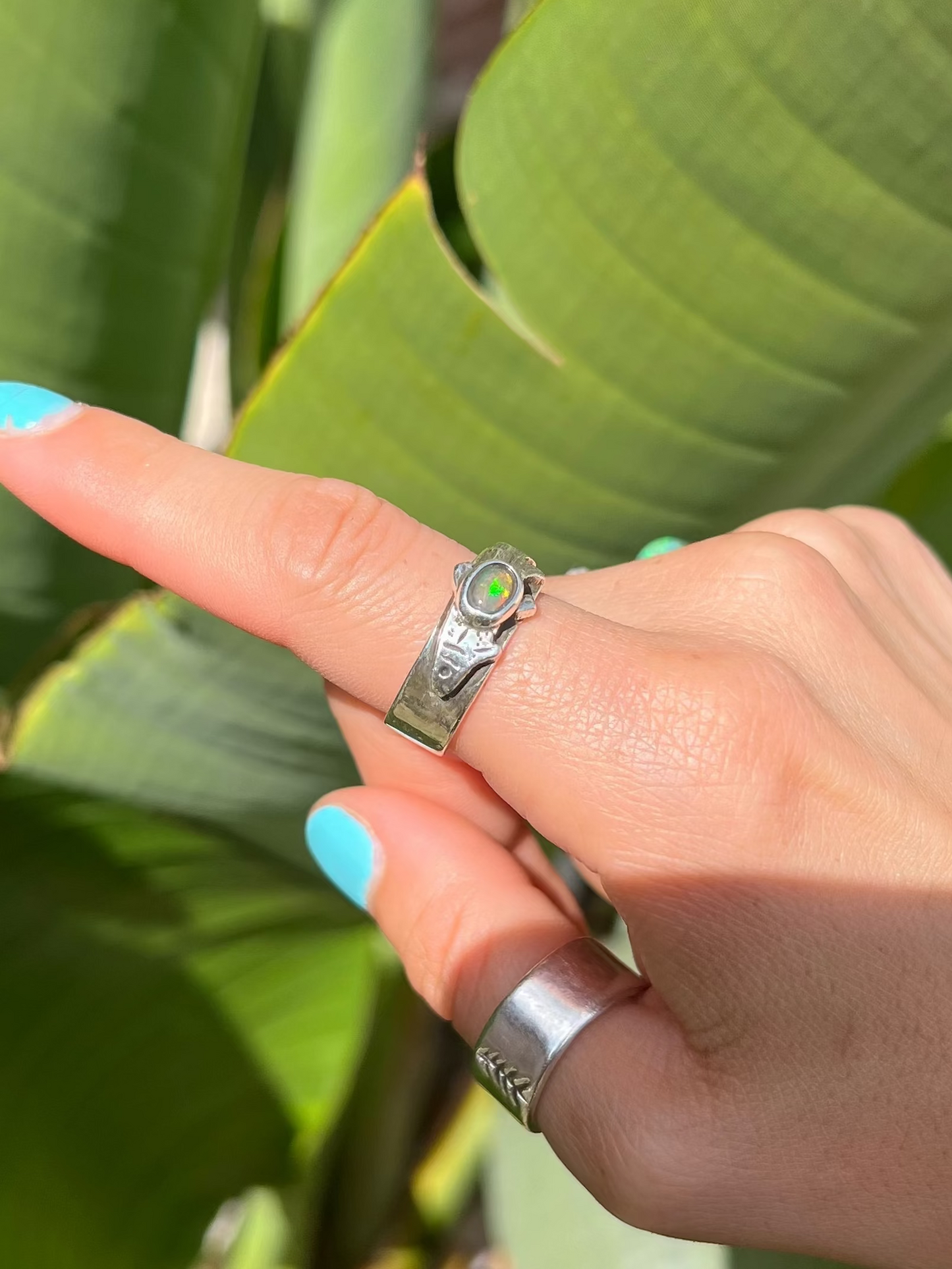 Hand with a ring pointing to a large green leaf