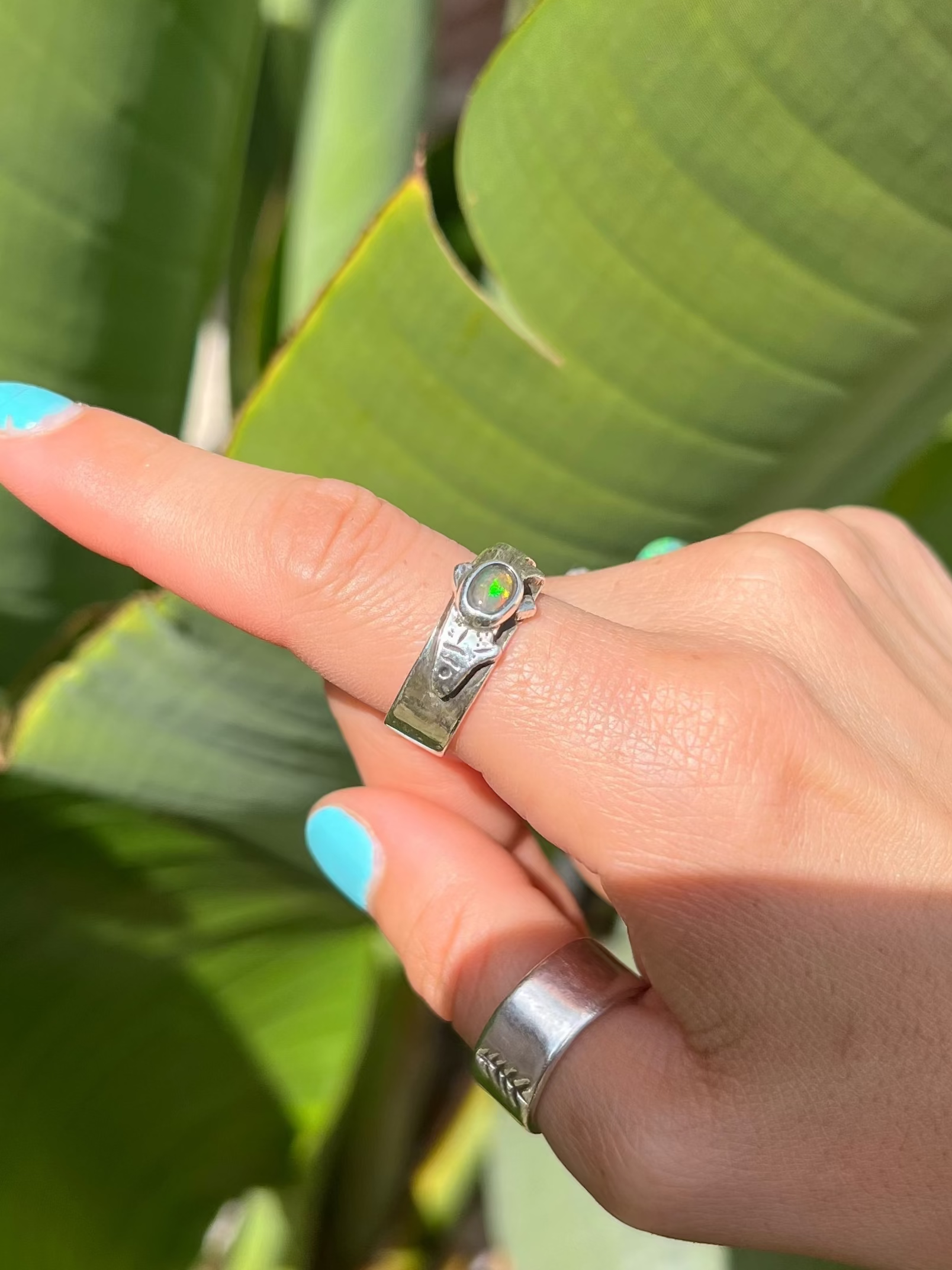 Hand with a ring pointing to a large green leaf