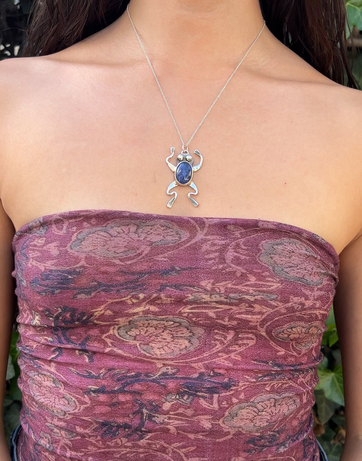 sodalite sterling silver frog necklace modeled