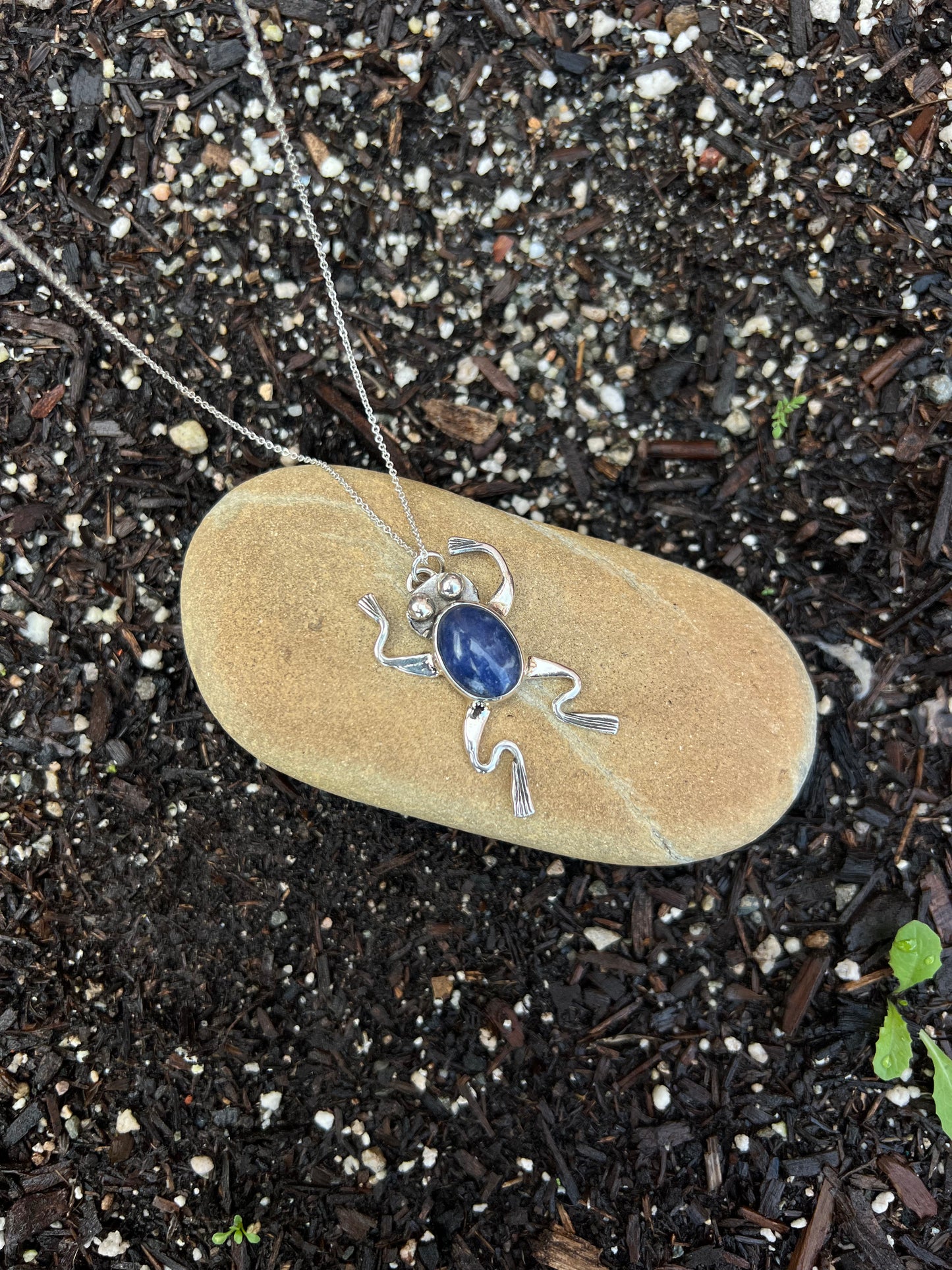 Silver frog pendant with blue stone on a rock in soil