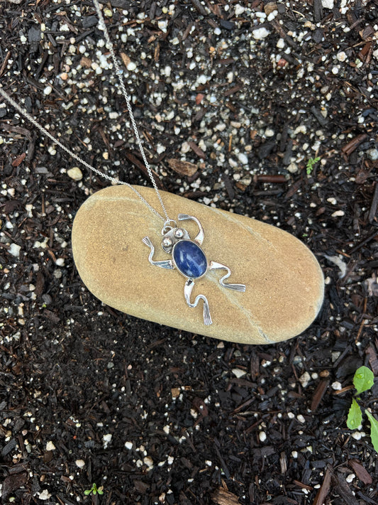 Silver frog pendant with blue stone on a rock in soil