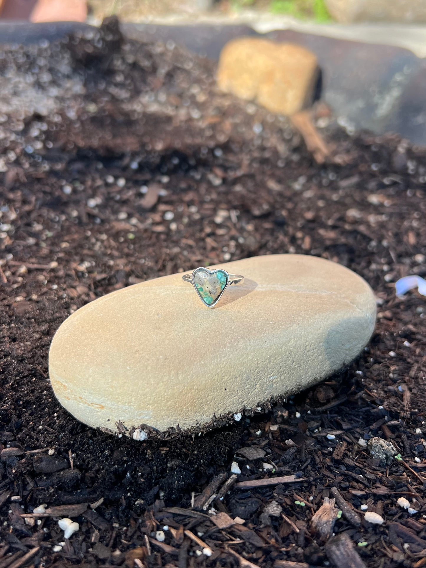 Tiny Turquoise Silver Heart Ring - Size 7